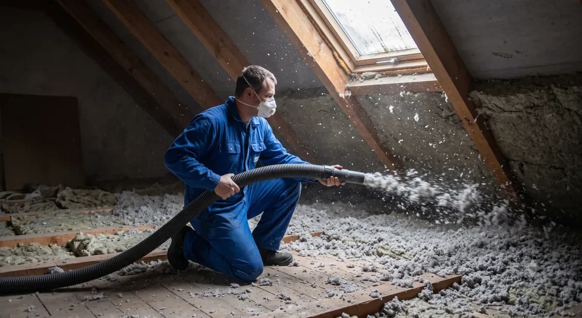Aplikátor při foukání izolace na půdě